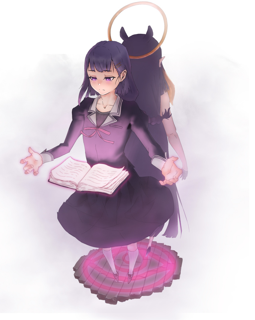 2girls, absurdres, ao-chan_(ninomae_ina'nis), back-to-back, bangs, black_hair, black_skirt, blunt_bangs