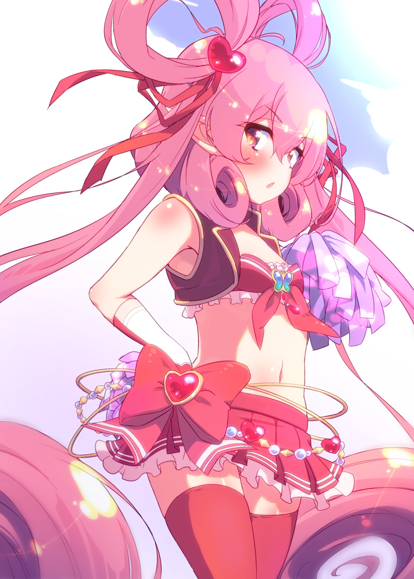 1girl, alternate_costume, bangs, belly_chain, blush, bow, bow_skirt, cheerleader