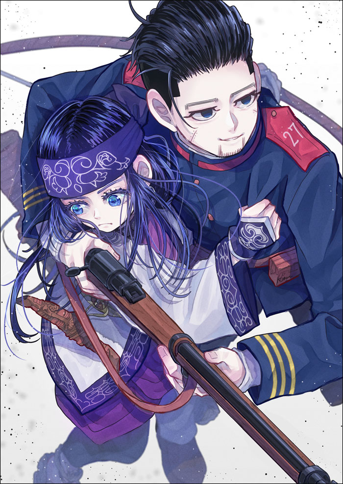 1boy, 1girl, 1nwe9, ainu, ainu_clothes, arisaka, asirpa, bandana, belt, black_eyes, black_hair, black_pants, blue_bandana, blue_eyes, blue_jacket, bolt_action, boots, bow_(weapon), brown_belt, buttons, closed_mouth, collared_jacket, commentary_request, dark_blue_hair, ear_piercing, earrings, facial_hair, golden_kamuy, gun, hair_slicked_back, hair_strand, holding, holding_bow_(weapon), holding_clothes, holding_gun, holding_jacket, holding_weapon, hoop_earrings, imperial_japanese_army, jacket, jewelry, long_hair, long_sleeves, looking_away, looking_down, military, military_uniform, ogata_hyakunosuke, pants, parted_lips, partial_commentary, piercing, pouch, rifle, scar, scar_on_cheek, scar_on_face, short_hair, simple_background, smile, stubble, undercut, uniform, upper_body, weapon, white_background, wide_sleeves