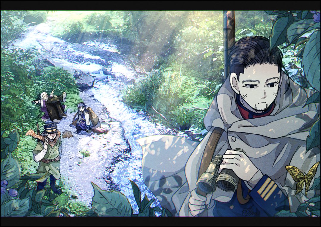 1girl, 1nwe9, 3boys, ainu, ainu_clothes, arisaka, asirpa, bandana, belt, binoculars, black_eyes, black_footwear, black_hair, black_headwear, black_pants, blue_bandana, blue_jacket, blue_pants, bolt_action, boots, brown_belt, buttons, buzz_cut, cape, closed_eyes, closed_mouth, coat, collared_jacket, commentary_request, day, facial_hair, golden_kamuy, grass, green_coat, grey_hair, gun, hair_slicked_back, hair_strand, hat, holding, holding_binoculars, hood, hood_down, hooded_cape, imperial_japanese_army, jacket, kepi, leaf, leather_belt, leg_up, long_hair, long_sleeves, looking_at_another, looking_away, lying, military, military_hat, military_uniform, multiple_boys, nature, ogata_hyakunosuke, open_mouth, outdoors, over_shoulder, pants, partial_commentary, plant, pouch, rifle, river, scar, scar_on_cheek, scar_on_face, scar_on_nose, scarf, serious, shadow, shiraishi_yoshitake, short_hair, shouting, sideburns, signature, simple_background, sitting, spiky_hair, standing, stubble, sugimoto_saichi, sunlight, two-tone_headwear, undercut, uniform, upper_body, very_short_hair, weapon, weapon_over_shoulder, white_cape, wide_shot, wide_sleeves, yellow_headwear, yellow_scarf