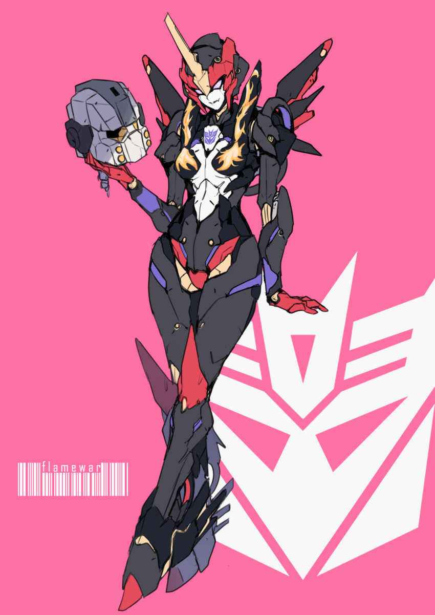 1girl, ban!_(bansankan), breasts, decepticon, fang, flamewar, full_body, helmet, highres, humanoid_robot, insignia, joints, mecha, medium_breasts, metal_skin, no_humans, robot, robot_joints, solo, standing, transformers, violet_eyes