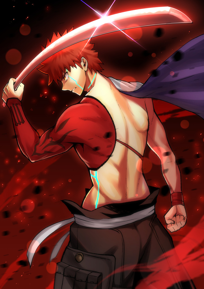 1boy, absurdres, back, cape, clenched_hand, clenched_teeth, emiya_shirou, fate/grand_order, fate_(series), fighting_stance, glglpanda, glint, highres, holding, holding_sword, holding_weapon, igote, katana, limited/zero_over, male_focus, orange_eyes, redhead, sengo_muramasa_(fate), shirtless, solo, sword, teeth, upper_body, weapon, white_cape, wristband