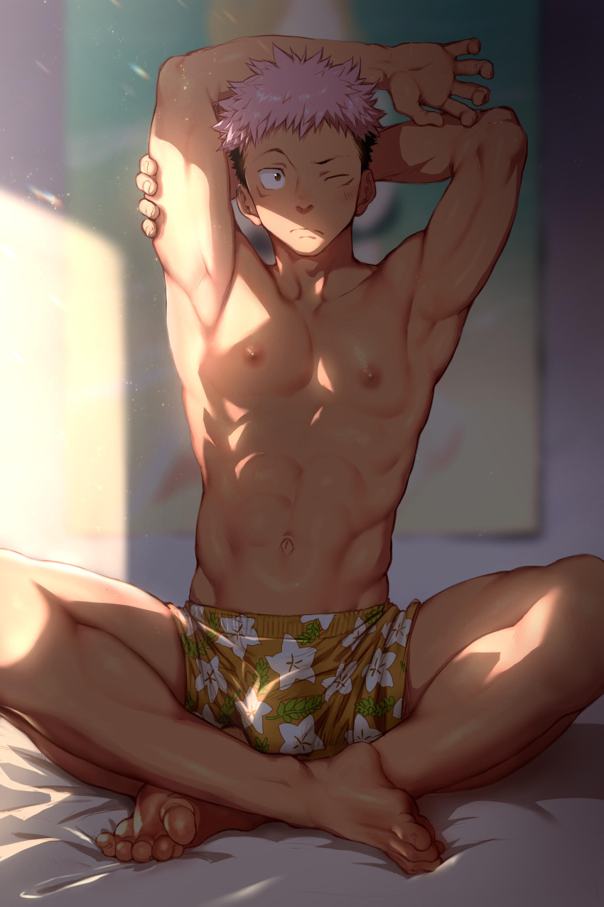 1boy, abs, absurdres, armpits, arms_up, bangs, black_hair, blush, boxer_briefs, brown_eyes, bulge, crossed_legs, facial_mark, floral_print, highres, itadori_yuuji, jujutsu_kaisen, looking_at_viewer, male_focus, male_underwear, navel, nipples, on_bed, one_eye_closed, pectorals, pink_hair, shiba_yuuji, short_hair, sitting, solo, spiky_hair, sunlight, toned, toned_male, undercut, underwear, underwear_only, yellow_male_underwear