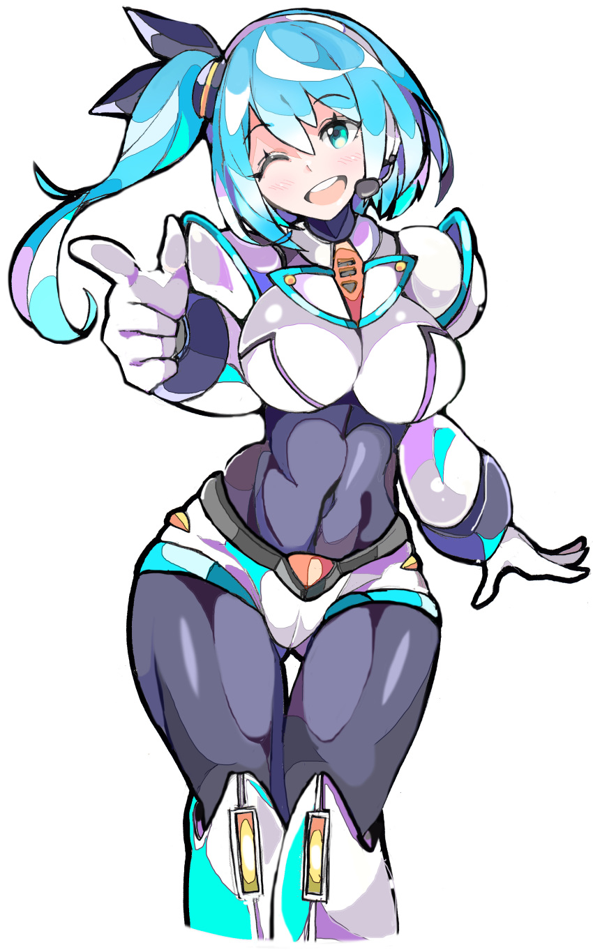 absurdres, aqua_eyes, aqua_hair, blush, breasts, covered_navel, enpe, eyebrows_visible_through_hair, feet_out_of_frame, highres, large_breasts, long_hair, mega_man_(series), mega_man_x_(series), mega_man_x_dive, microphone, one_eye_closed, open_mouth, pointing, rico_(mega_man), rico_(rockman), rockman, rockman_x, rockman_x_dive, side_ponytail, simple_background, smile, white_background