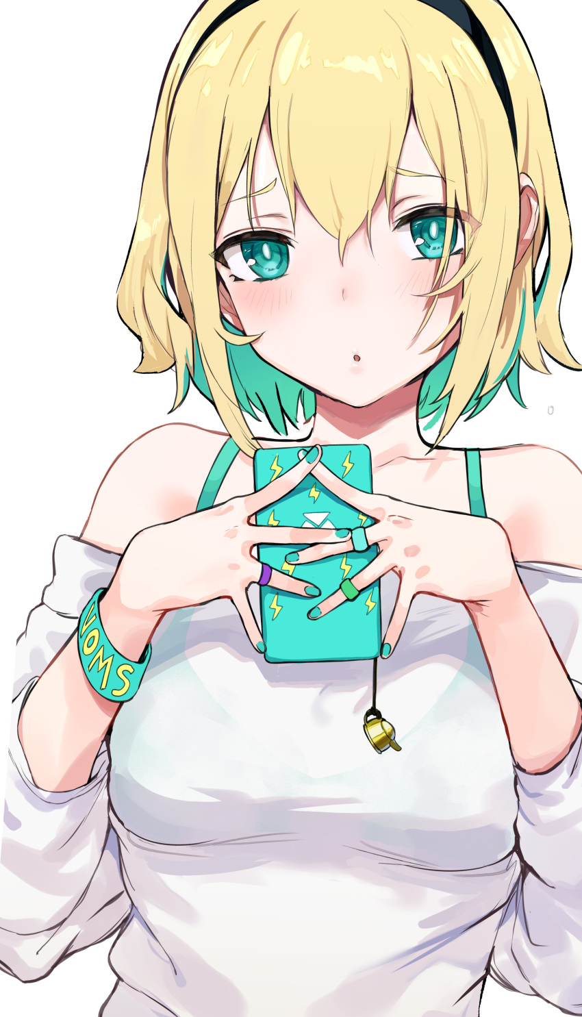 1girl, absurdres, amano_pikamee, aqua_camisole, aqua_nails, bangs, bare_shoulders, black_hairband