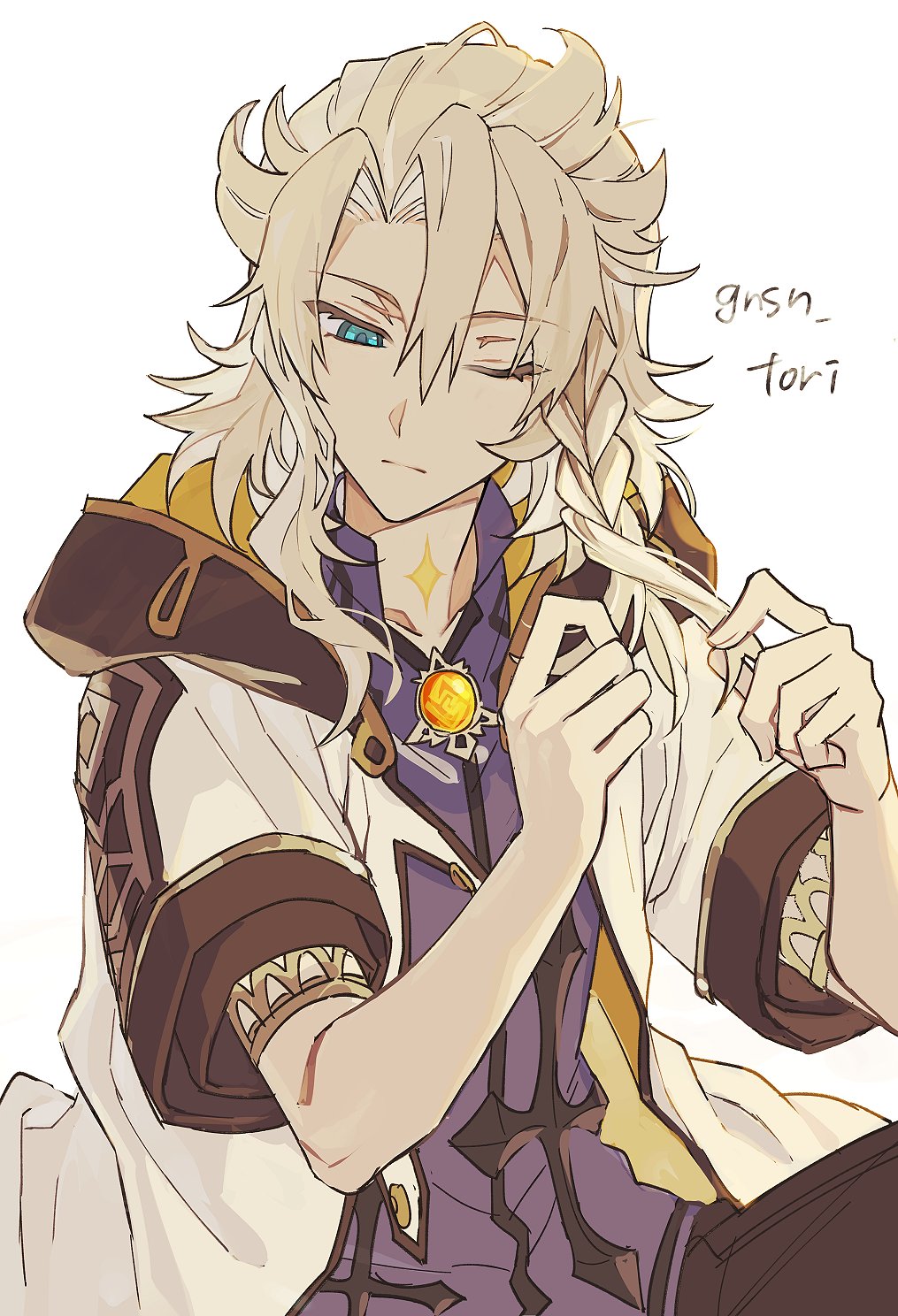 1boy, adjusting_hair, albedo_(genshin_impact), bangs, blonde_hair, blue_eyes, blue_shirt, braiding_hair