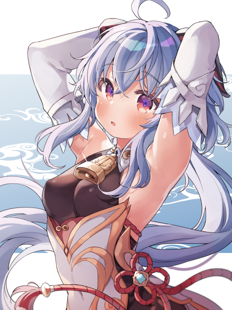 1girl, :o, ahoge, armpits, arms_behind_head, bell, blue_hair, blush