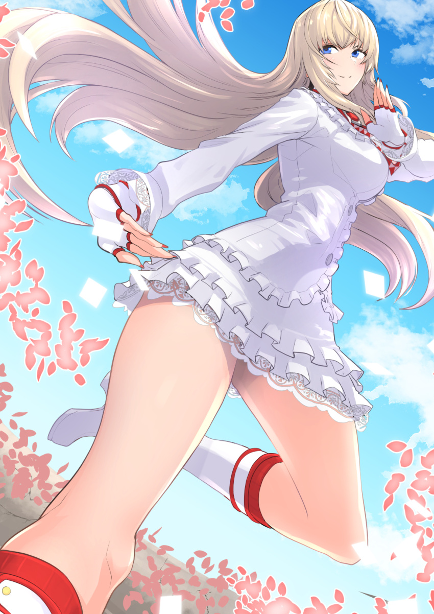 1girl, bangs, blonde_hair, blue_eyes, blunt_bangs, boots, breasts, buttons