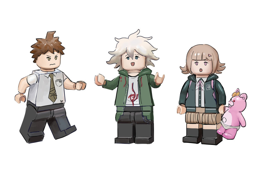1girl, 2boys, :o, ahoge, backpack, bag, bangs, black_jacket