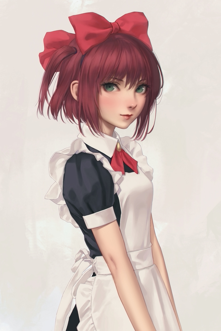 1girl, absurdres, apron, bad_id, black_dress, bow, breasts, brown_hair