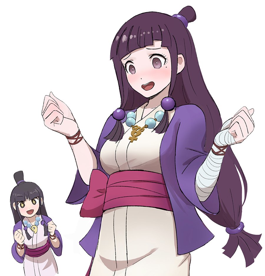 2girls, :d, ayasato_mayoi, ayasato_mayoi_(cosplay), bandaged_arm, bandaged_hand, bandages, bangs, beads, blunt_bangs, blush, breasts, clenched_hands, commentary, crossover, dangan_ronpa_(series), dangan_ronpa_2:_goodbye_despair, eyebrows_visible_through_hair, gyakuten_saiban, hands_up, jacket, japanese_clothes, jewelry, long_hair, looking_down, magatama, medium_breasts, mole, mole_under_eye, multiple_girls, necklace, obi, open_mouth, qosic, sash, simple_background, sleeves_past_elbows, smile, tsumiki_mikan, upper_teeth, w_arms, white_background, wide_sleeves