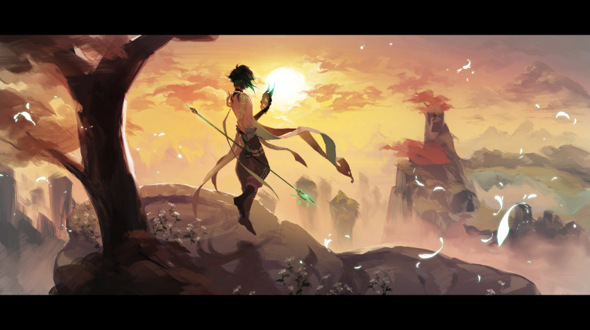 1boy, arm_tattoo, asymmetrical_clothes, bead_necklace, beads, black_hair, clouds, eoawl, floating, flower, from_behind, genshin_impact, green_hair, highres, holding, holding_mask, holding_spear, holding_weapon, jewelry, korean_commentary, leaf, letterboxed, male_focus, mask, mountain, multicolored_hair, necklace, outdoors, petals, polearm, scenery, solo, spear, sun, sunset, tattoo, tree, weapon, xiao_(genshin_impact)