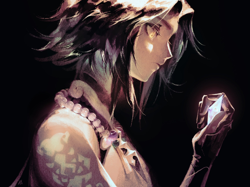 1boy, arm_tattoo, bead_necklace, beads, black_background, black_gloves, black_hair, closed_mouth