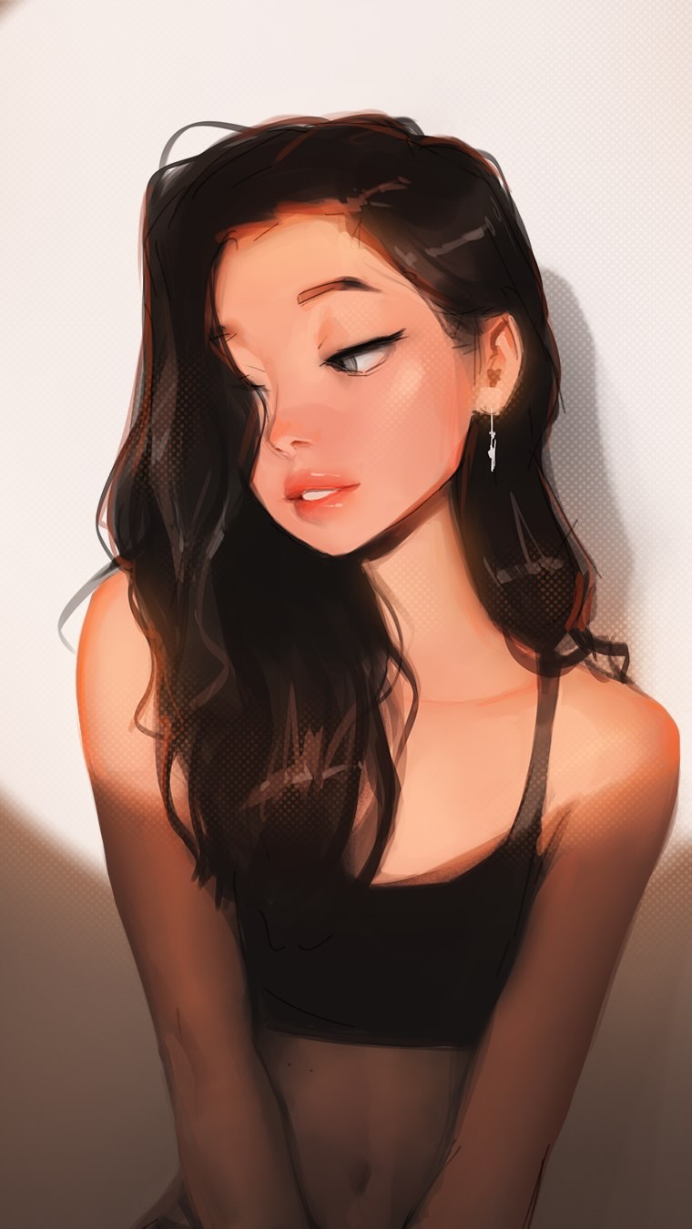 1girl, black_hair, black_sports_bra, blue_eyes, collarbone, commentary, dappled_sunlight, earrings