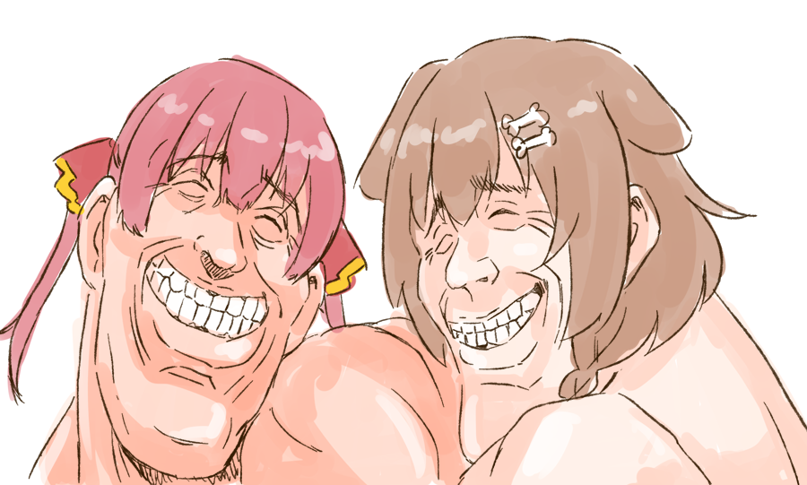 2boys, adon_(cho_aniki), animal_ears, bangs, bone_hair_ornament, braid, brown_hair, cho_aniki