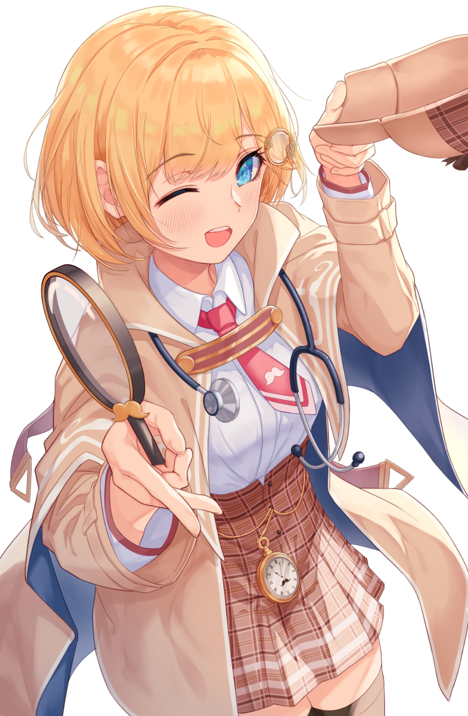 1girl, bangs, blonde_hair, blue_eyes, blush, breasts, brown_coat, brown_skirt