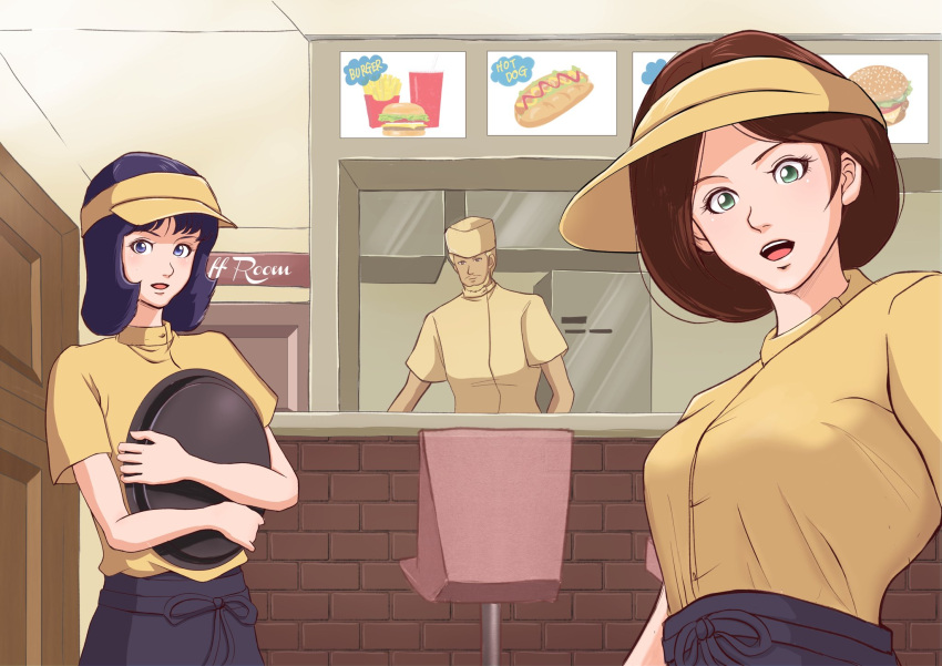 1boy, 2girls, alternate_costume, beard, black_eyes, black_hair, black_skirt, blonde_hair