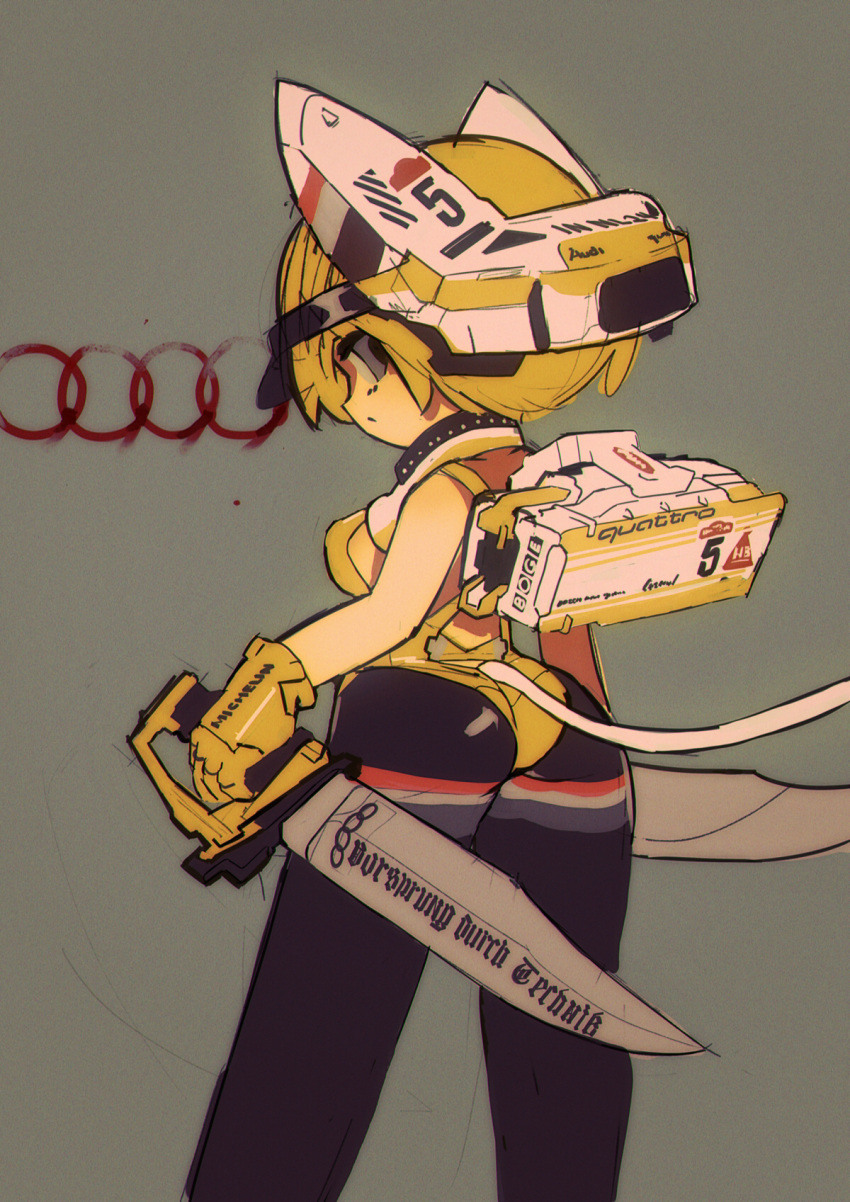 1girl, ass, audi, audi_quattro, blonde_hair, breasts, dagger, dual_wielding, from_behind, german_text, grey_eyes, highres, holding, holding_dagger, holding_weapon, horns, looking_back, mecha_musume, medium_breasts, original, personification, rikona, short_hair, solo, weapon, wire