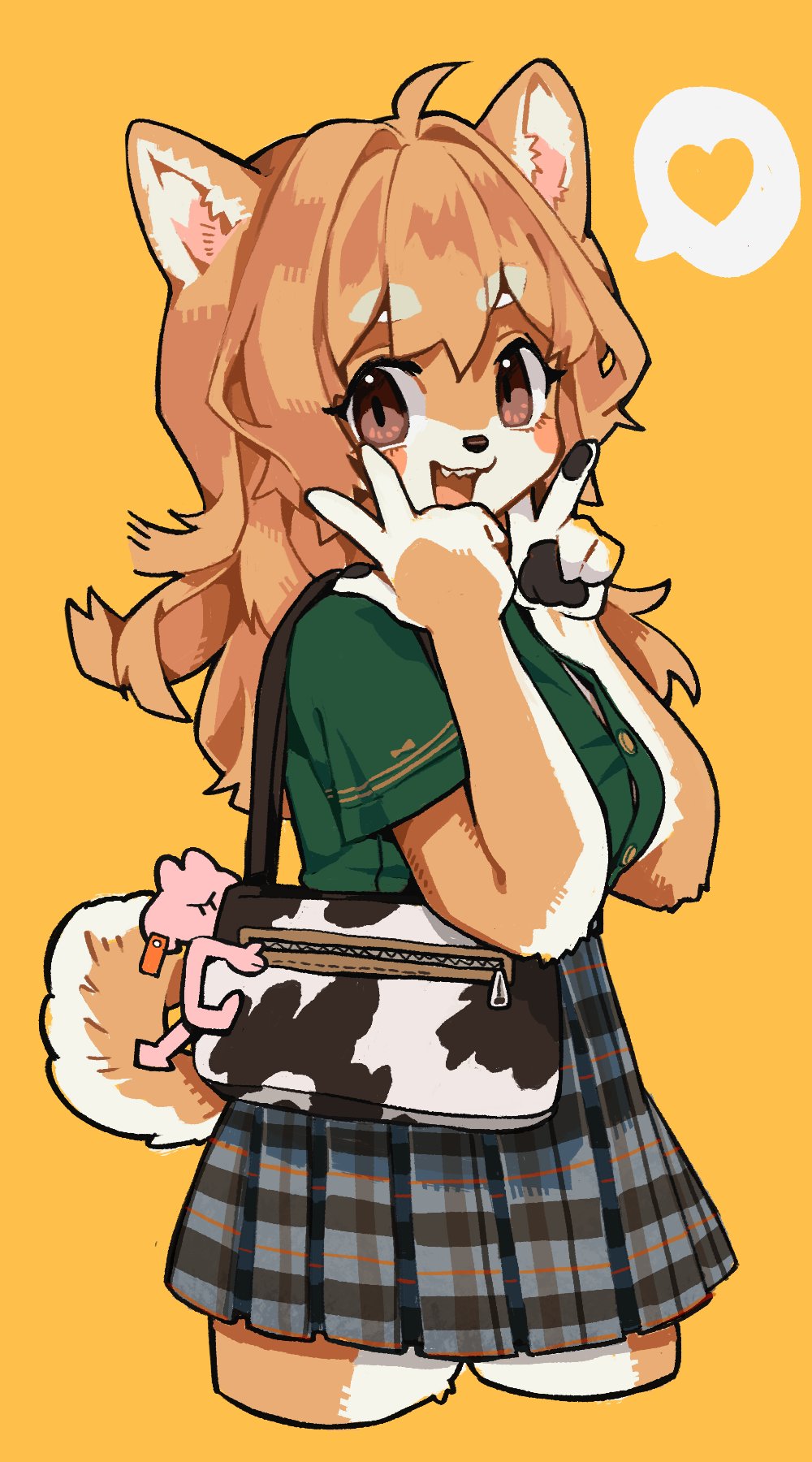 1girl, :3, :d, ahoge, animal_ear_fluff, animal_ears, animal_nose, bag, bangs, blonde_hair, body_fur, breasts, brown_eyes, button_gap, cropped_legs, dog_ears, dog_girl, dog_tail, eyebrows_visible_through_hair, from_side, furry, green_shirt, hair_between_eyes, hands_up, heart, highres, large_breasts, long_hair, looking_at_viewer, open_mouth, orange_background, original, plaid, plaid_skirt, pleated_skirt, print_bag, rye-beer, sharp_teeth, shirt, short_sleeves, shoulder_bag, simple_background, skirt, smile, solo, speech_bubble, spoken_heart, tail, taut_clothes, taut_shirt, teeth, thick_eyebrows, thighs, upper_teeth, zipper, zipper_pull_tab