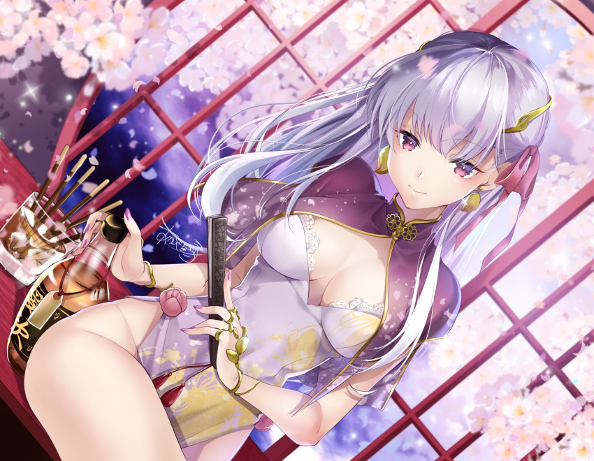 1girl, akatsuki_hijiri, alcohol, bangs, breasts, breasts_apart, cherry_blossoms, china_dress