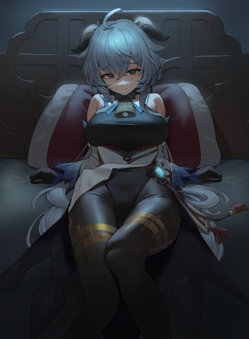 1girl, absurdres, ahoge, bangs, bare_shoulders, bell, black_gloves, black_legwear