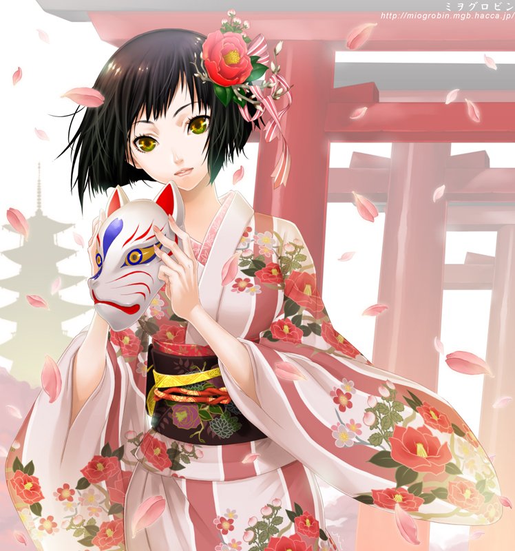 cherry_blossoms, fox_mask, japanese_clothes, kimono, mask, miogrobin, original, sakura