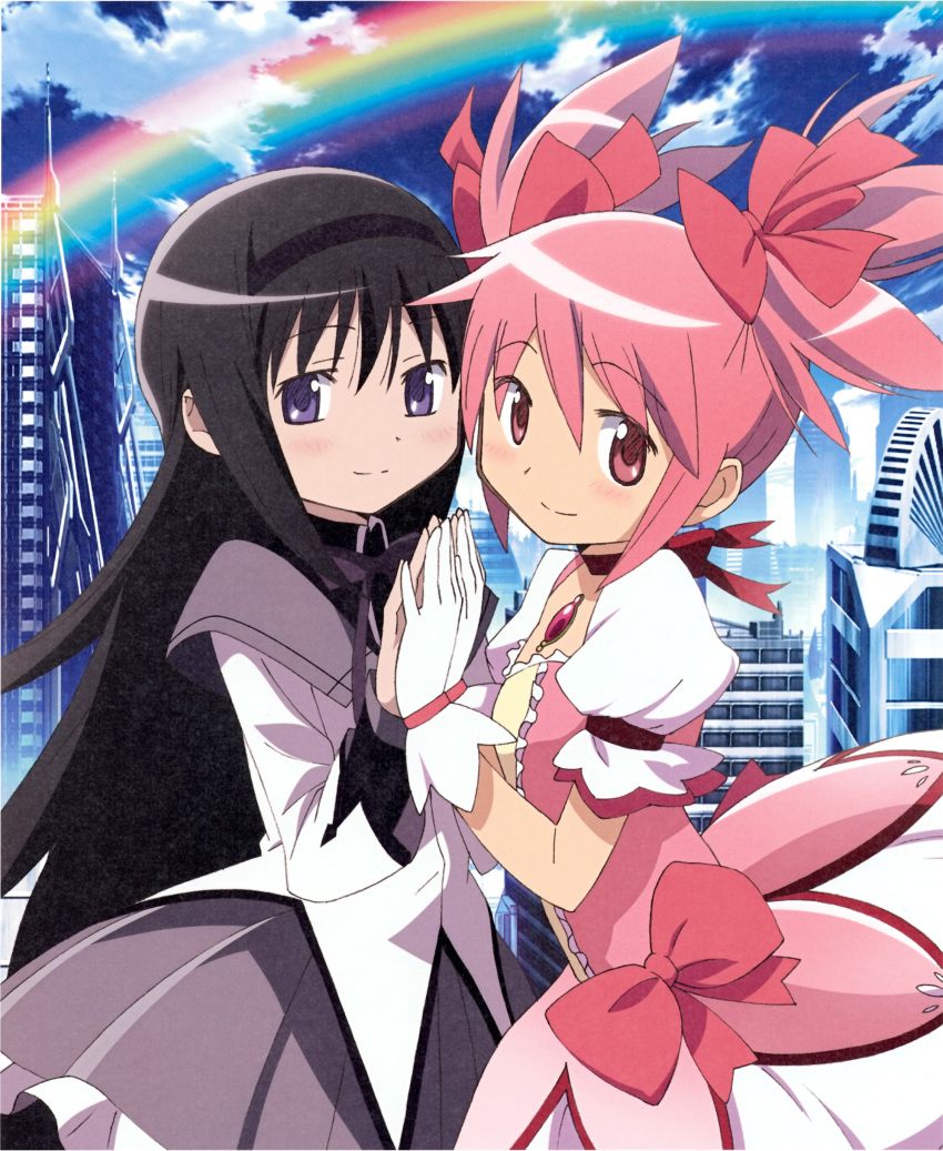 2girls, absurdres, akemi_homura, artist_request, black_hair, black_hairband, blush, bubble_skirt