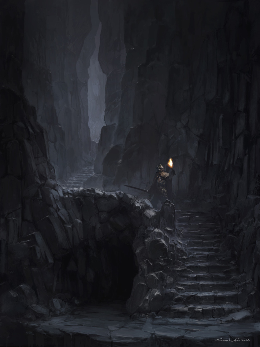 1other, ambiguous_gender, armor, breastplate, brown_cape, cape, cave, dated