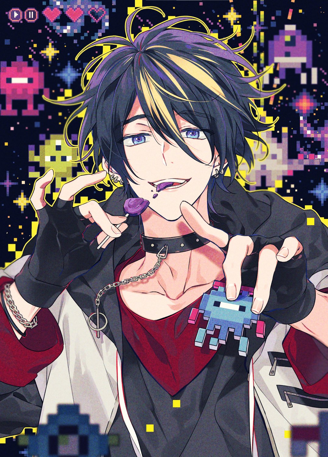 175x172nyrn, 1boy, akebono_ryo, argonavis_from_bang_dream!, bang_dream!, black_hair, blonde_hair, blue_eyes, candy, chain, choker, fingerless_gloves, food, gloves, highres, lollipop, male_focus, md5_mismatch, multicolored_hair, outline, pixelated, smile, solo, streaked_hair, yellow_outline