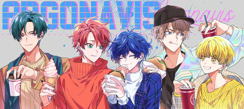175x172nyrn, 5boys, argonavis_(band), argonavis_from_bang_dream!, bang_dream!, baseball_cap, blonde_hair, blue_hair