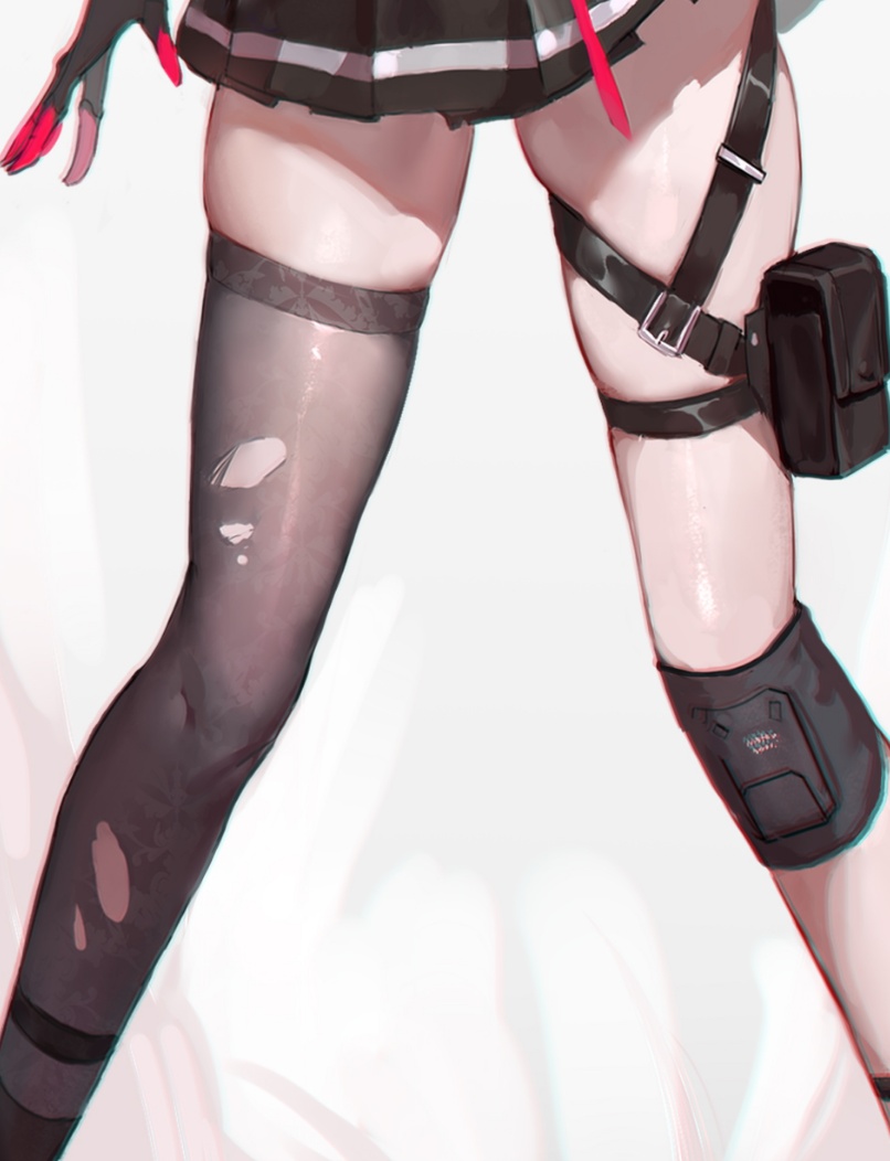 1girl, black_dress, black_legwear, dress, fentou_shou, knee_pads, lucia_(punishing:_gray_raven), open_hand, punishing:_gray_raven, simple_background, skirt, thigh-highs, thighs, torn_clothes, torn_legwear, white_background