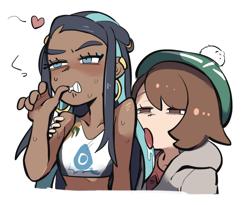 2girls, bare_arms, biting, black_hair, bob_cut, brown_eyes, brown_hair, buttons