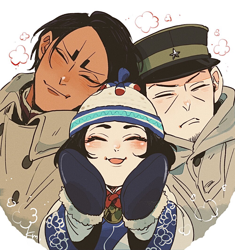 1girl, 2boys, 4km_ro, ainu, ainu_clothes, bangs, black_hair, black_headwear