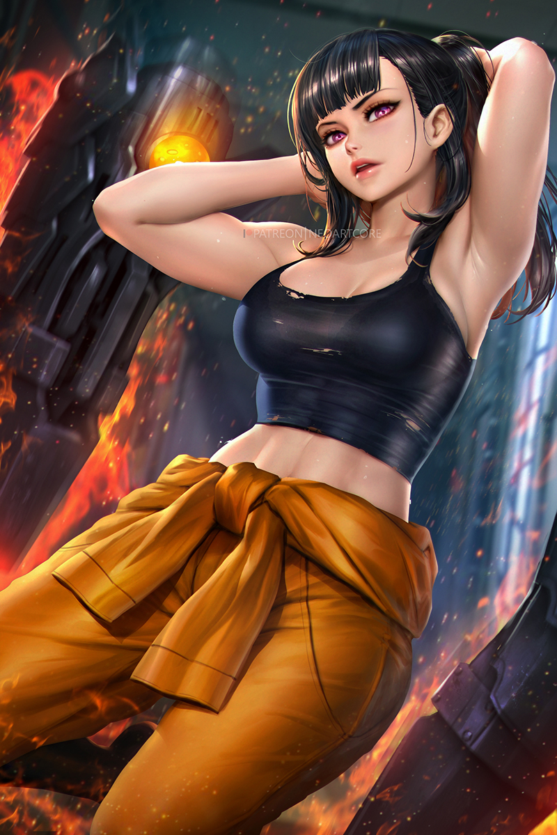 1girl, arms_behind_head, arms_up, artist_name, bangs, black_hair, black_shirt, blunt_bangs