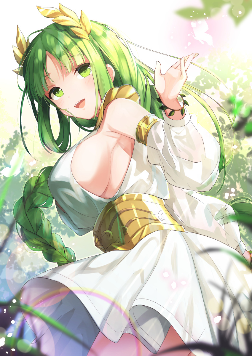 1girl, absurdres, afk_arena, armpits, bangs, blurry, blurry_foreground, blush
