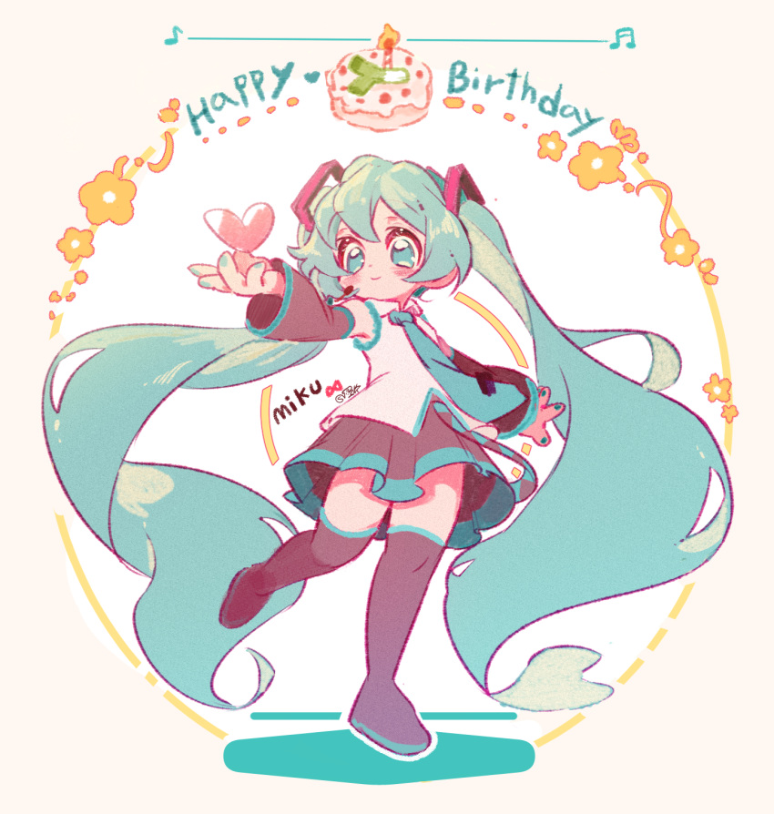 1girl, aqua_eyes, aqua_hair, arm_at_side, beamed_sixteenth_notes, beige_background, birthday_cake, black_footwear, black_skirt, blue_nails, blue_neckwear, boots, cake, candle, character_name, chibi, chou_ji_yun, circle, closed_mouth, collared_shirt, detached_sleeves, dot_nose, eighth_note, english_text, eyebrows_visible_through_hair, facing_viewer, fingernails, fire, flat_chest, floral_background, flower, food, full_body, hair_between_eyes, hand_up, happy_birthday, hatsune_miku, heart, highres, holding, holding_heart, light_blush, light_smile, long_hair, musical_note, necktie, orange_flower, outstretched_hand, shiny, shiny_hair, shirt, sidelocks, simple_background, skirt, sleeveless, sleeveless_shirt, solo, spring_onion, standing, standing_on_one_leg, tareme, thigh-highs, thigh_boots, twintails, two-tone_background, vocaloid, white_background, white_shirt, zettai_ryouiki