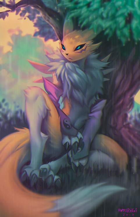 1girl, :<, animal_ears, animal_nose, aqua_eyes, artist_name, blurry, blurry_foreground, body_fur, bush, claws, dated, day, depth_of_field, detached_sleeves, digimon, digimon_tamers, facial_mark, falvie, fox_ears, fox_girl, fox_tail, furry, grass, knee_up, on_ground, outdoors, paws, purple_sleeves, rain, renamon, short_hair, signature, sitting, solo, tail, tree, yellow_fur