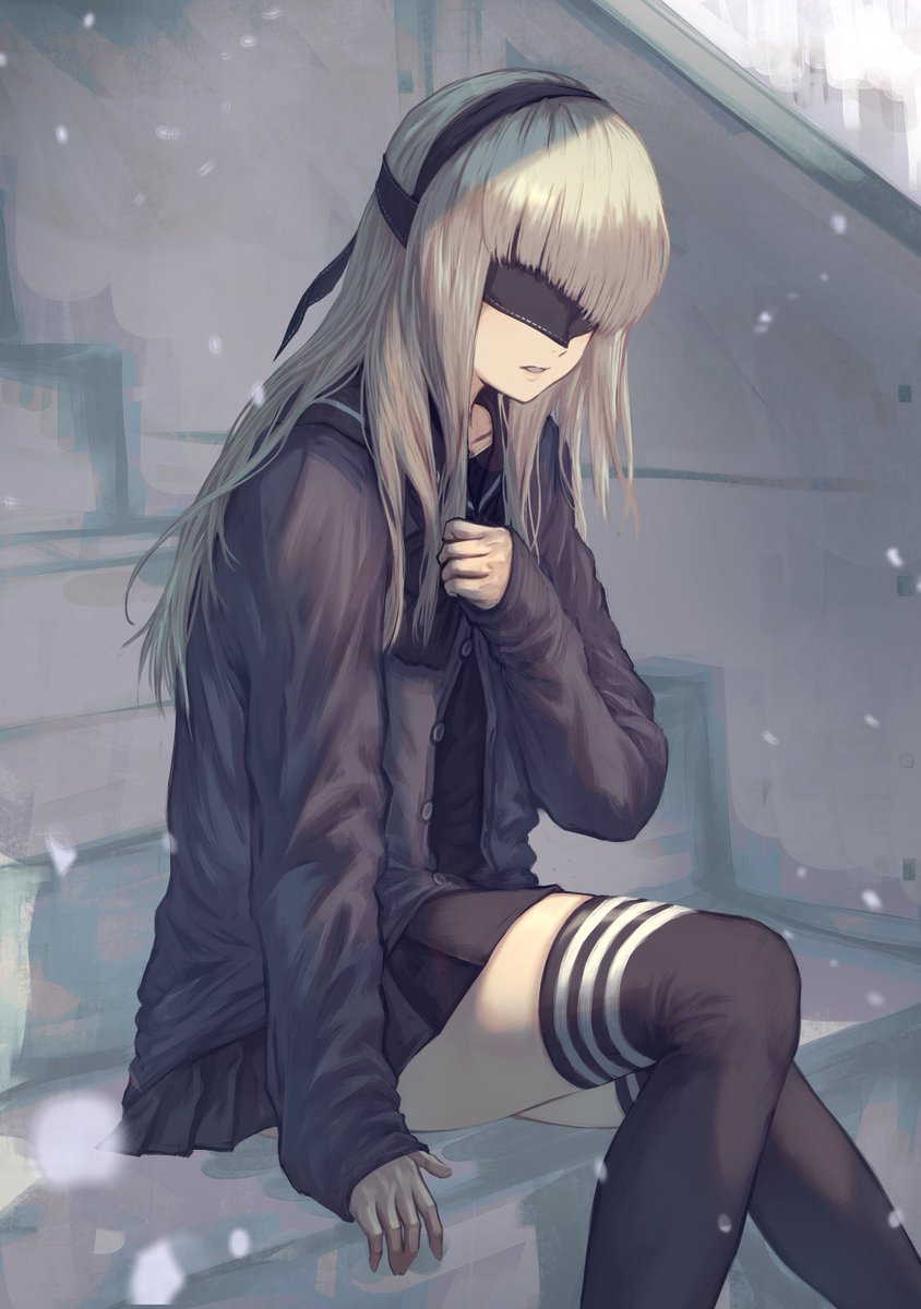 1girl, black_blindfold, black_hairband, black_legwear, black_serafuku, black_skirt, blindfold, collarbone