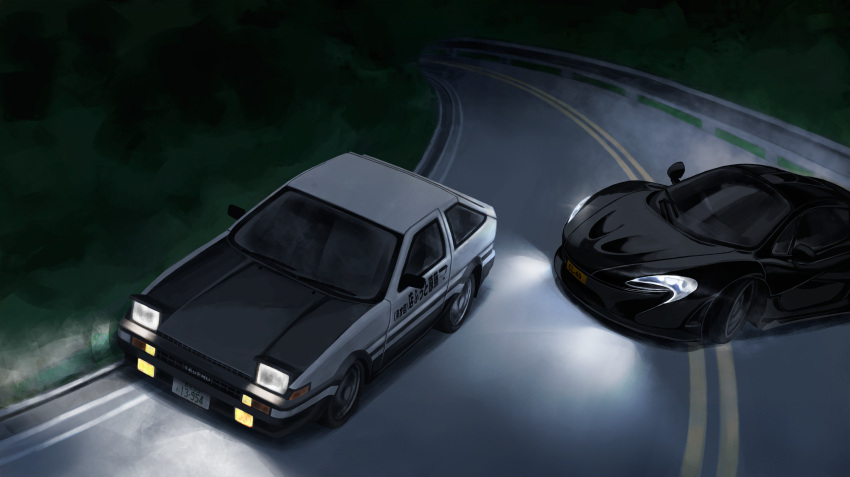 absurdres, azur_lane, car, crossover, drifting, from_above, ground_vehicle, headlight
