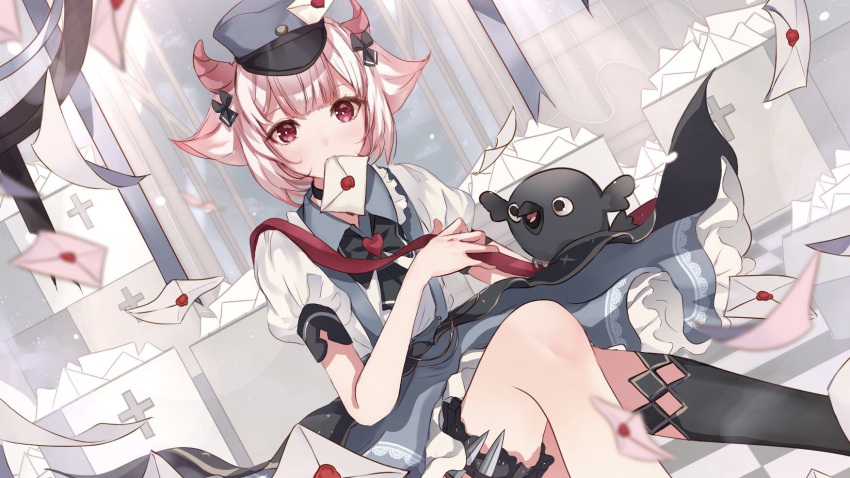 1girl, bangs, beak, bird, black_bow, black_eyes, blue_skirt, bow