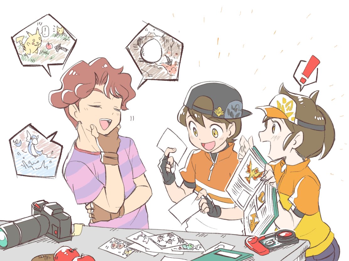 !, 1girl, 2boys, :d, apple, backwards_hat, bangs, baseball_cap