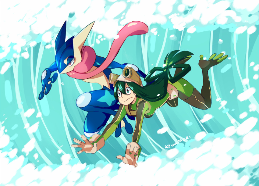 1girl, :>, asui_tsuyu, azuumori, bodysuit, boku_no_hero_academia, crossover, gen_6_pokemon, gloves, green_bodysuit, green_eyes, green_hair, greninja, long_hair, low-tied_long_hair, pokemon, pokemon_(creature), signature, trait_connection, very_long_hair, water, waving, white_gloves