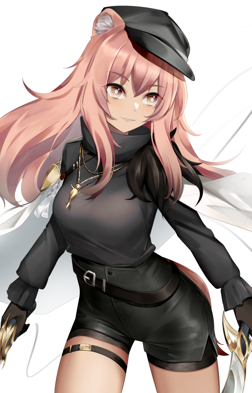 1girl, animal_ear_fluff, animal_ears, arknights, black_gloves, black_headwear, black_shirt, black_shorts