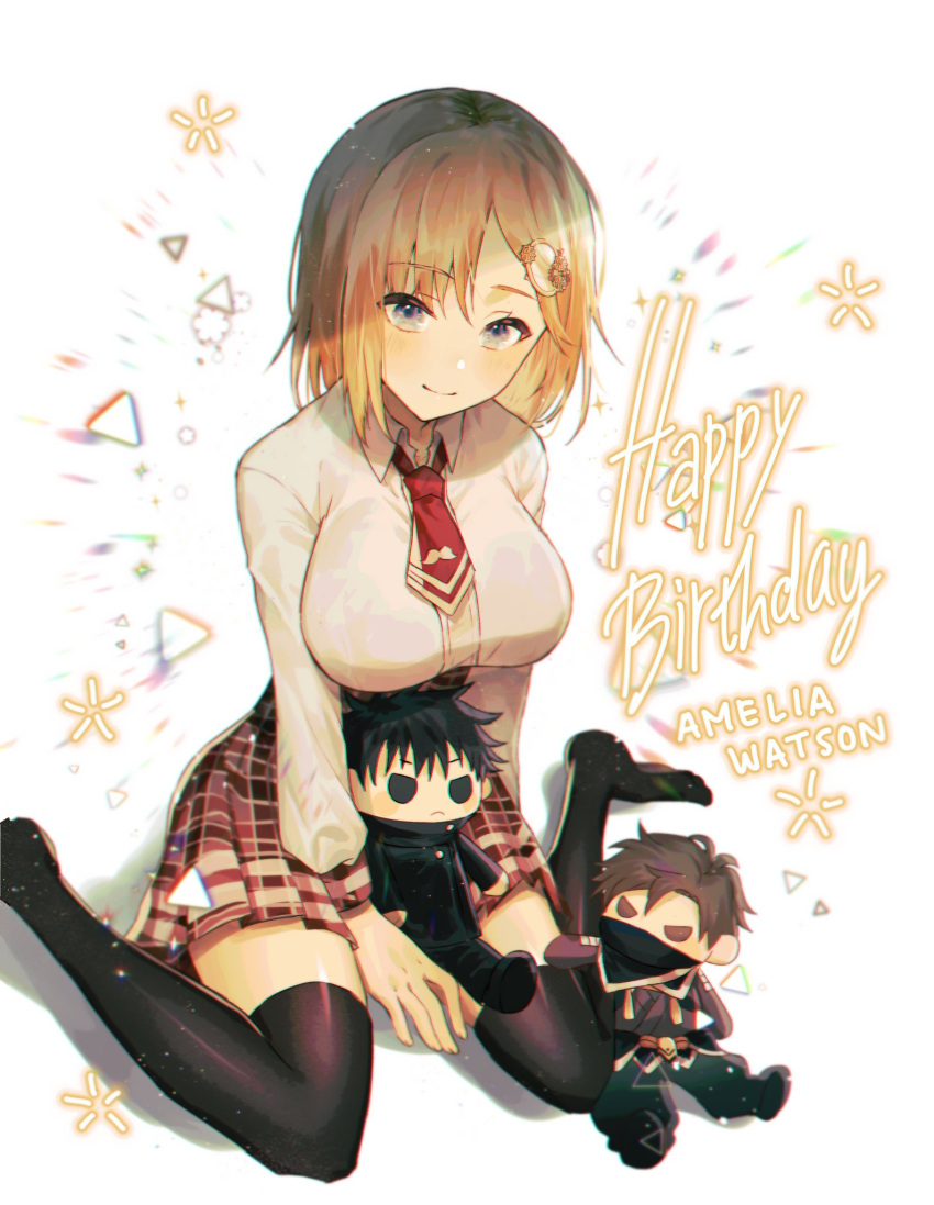 1girl, bangs, blonde_hair, blue_eyes, breasts, character_name, collared_shirt, english_commentary, fushiguro_megumi, hair_ornament, happy_birthday, hattori_hanzo_(nightshade), high-waist_skirt, highres, hololive, hololive_english, jujutsu_kaisen, looking_up, medium_breasts, mini_necktie, monocle_hair_ornament, nightshade_(visual_novel), plaid, plaid_skirt, shirt, sitting, skirt, smile, solo, stuffed_toy, thigh-highs, virtual_youtuber, wariza, watson_amelia, yakksan