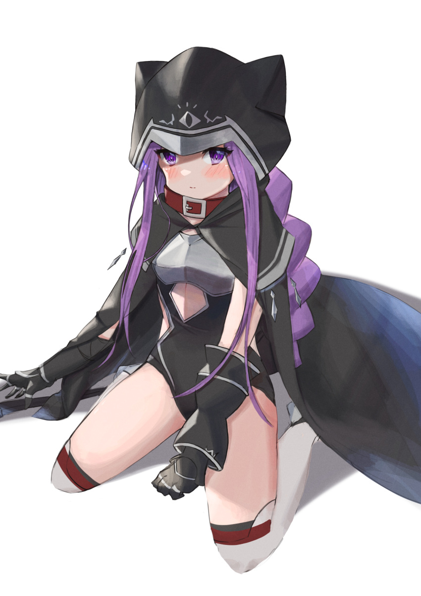 1girl, absurdres, armor, black_gloves, black_leotard, blush, braid, breastplate, buckle, closed_mouth, clothing_cutout, collar, fate/grand_order, fate_(series), gloves, highres, hood, hood_up, kneeling, leotard, long_hair, looking_at_viewer, medusa_(lancer)_(fate), purple_hair, simple_background, solo, taruto_(takug0812), thigh-highs, very_long_hair, violet_eyes, white_background, white_legwear