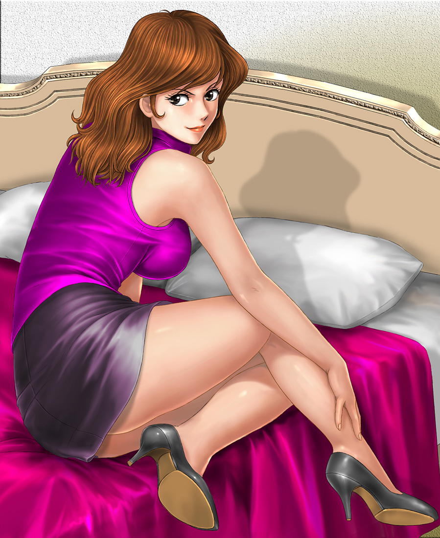 1girl, bangs, bed, black_eyes, black_footwear, breasts, brown_hair, closed_mouth, from_behind, high_heels, long_hair, looking_at_viewer, lupin_iii, medium_breasts, mine_fujiko, miniskirt, on_bed, pencil_skirt, pillow, pumps, purple_shirt, purple_skirt, shadow, shirt, sitting, sitting_on_bed, skirt, sleeveless, sleeveless_shirt, smile, solo, toten_(der_fuhrer)
