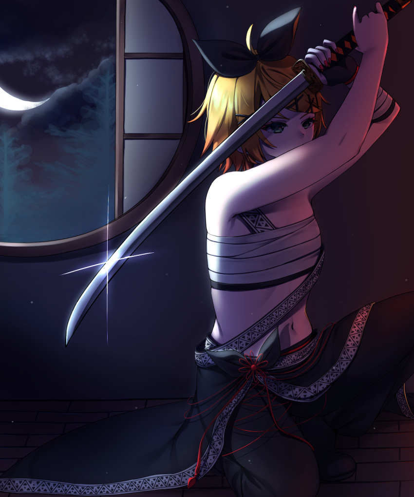 1girl, ahoge, arms_up, black_bow, black_pants, blonde_hair, bow, crescent_moon