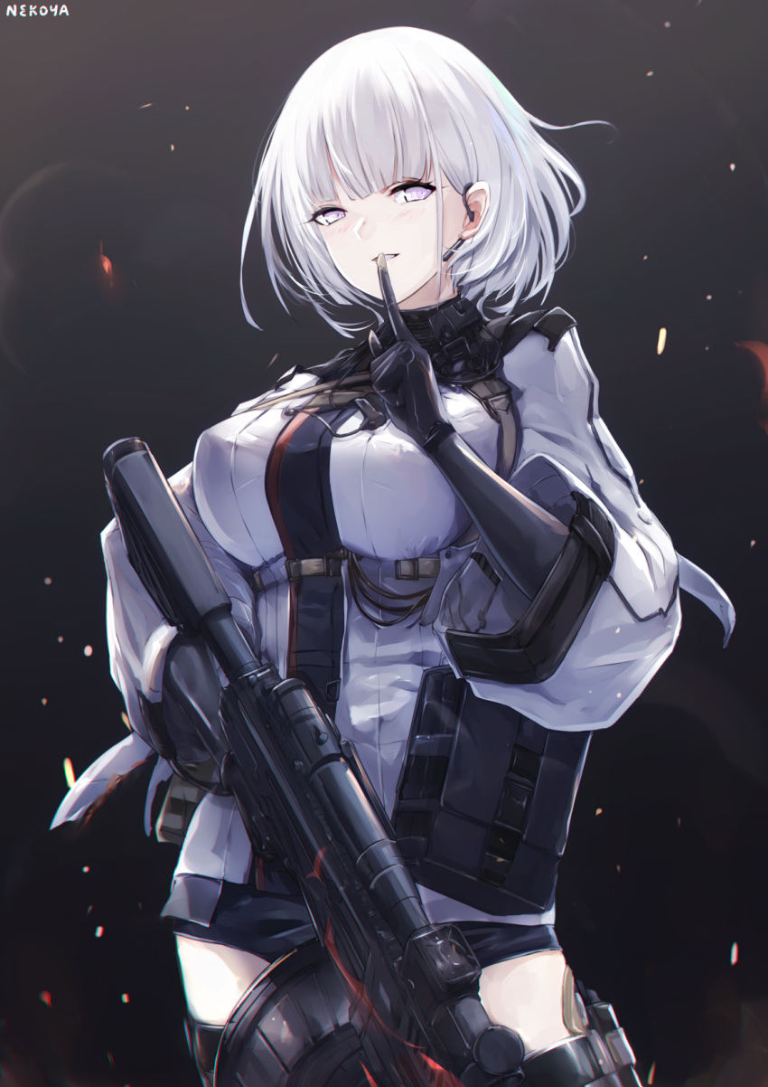 1girl, artist_name, bangs, black_gloves, black_legwear, black_shorts, breasts, commentary