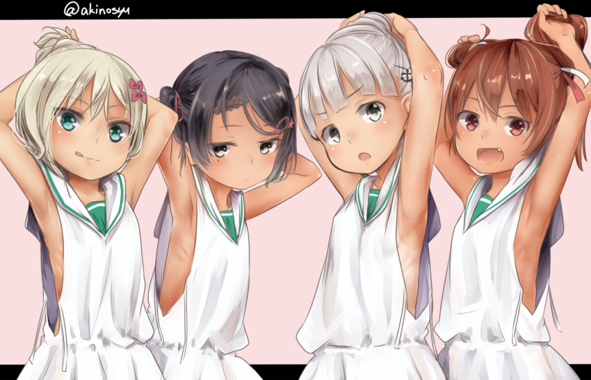 4girls, :d, :q, akino_shuu, anchor_hair_ornament, armpits, arms_up, bangs, bare_arms, bare_shoulders, black_hair, blush, bow, braid, braided_bangs, brown_eyes, brown_hair, closed_mouth, commentary_request, dress, eyebrows_visible_through_hair, fang, grecale_(kantai_collection), hair_between_eyes, hair_bow, hair_bun, hair_ornament, holding, holding_hair, kantai_collection, libeccio_(kantai_collection), maestrale_(kantai_collection), multiple_girls, open_mouth, pink_background, red_bow, sailor_collar, sailor_dress, scirocco_(kantai_collection), silver_hair, sleeveless, sleeveless_dress, smile, star_(symbol), star_hair_ornament, tan, tongue, tongue_out, twitter_username, white_dress, white_sailor_collar