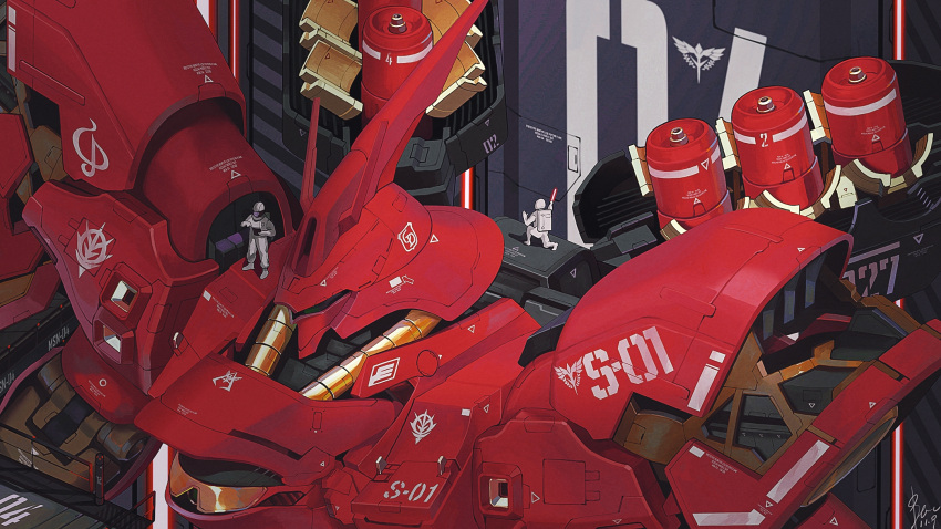 2boys, char's_counterattack, dated, from_above, funnels, gundam, hangar, highres